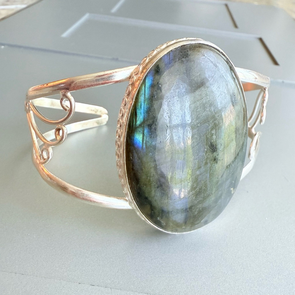 HUGE Vintage 925 Sterling Silver 70ct Labradorite Cuff Bracelet - Picture 7 of 9